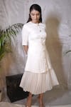 Shop_Vedangi Agarwal_White Satin, Georgette Round Neck Halo Button Front Midi Dress _at_Aza_Fashions