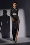 Buy_Nikita Mhaisalkar_Black Georgette Sequins, Glitter Round Neck, Galaxy Cutout Slit Maxi Dress _at_Aza_Fashions