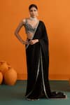 Buy_Bhawna Sethi_Black Satin, Crepe Mirrors, Chandni Mirrorwork And Cutwork Pre-draped Saree Set _at_Aza_Fashions