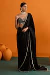 Bhawna Sethi_Black Satin, Crepe Mirrors, Chandni Mirrorwork And Cutwork Pre-draped Saree Set _Online_at_Aza_Fashions