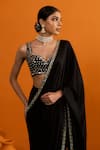 Buy_Bhawna Sethi_Black Satin, Crepe Mirrors, Chandni Mirrorwork And Cutwork Pre-draped Saree Set _Online_at_Aza_Fashions