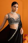 Shop_Bhawna Sethi_Black Satin, Crepe Mirrors, Chandni Mirrorwork And Cutwork Pre-draped Saree Set _Online_at_Aza_Fashions