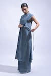 JAYATI GOENKA_Blue Cotton Mandarin Collar Indigo Chambray Block Print Kurta And Pant Set _Online_at_Aza_Fashions