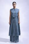Buy_JAYATI GOENKA_Blue Cotton Mandarin Collar Indigo Chambray Block Print Kurta And Pant Set _Online_at_Aza_Fashions