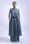 Shop_JAYATI GOENKA_Blue Cotton Mandarin Collar Indigo Chambray Block Print Kurta And Pant Set _Online_at_Aza_Fashions