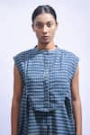 JAYATI GOENKA_Blue Cotton Mandarin Collar Indigo Chambray Block Print Kurta And Pant Set _at_Aza_Fashions