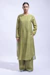 Shop_JAYATI GOENKA_Green Chanderi Silk Embroidery Round Neck Block Printed Kurta And Pant Set _Online_at_Aza_Fashions
