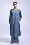 Buy_JAYATI GOENKA_Blue Cotton Embroidery Round Neck Indigo Block Printed Chambray Kurta And Pant Set _at_Aza_Fashions