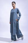 Shop_JAYATI GOENKA_Blue Cotton Embroidery Round Neck Indigo Block Printed Chambray Kurta And Pant Set _Online_at_Aza_Fashions