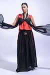 JAYATI GOENKA_Red Chanderi Silk Tassels V-neck And Black Wrap Top & Skirt Set _Online_at_Aza_Fashions