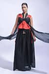 Buy_JAYATI GOENKA_Red Chanderi Silk Tassels V-neck And Black Wrap Top & Skirt Set _Online_at_Aza_Fashions