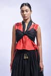 JAYATI GOENKA_Red Chanderi Silk Tassels V-neck And Black Wrap Top & Skirt Set _at_Aza_Fashions