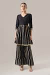 Naintara Bajaj Black Cotton Gota Patti V-neck Work Peplum Kurta And Tiered Sharara Set at Aza Fashions Naintara Bajaj_Black Cotton Gota Patti V-neck Work Peplum Kurta And Tiered Sharara Set _at_Aza_Fashions