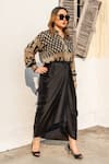 Buy_Prahnaaya_Black Satin, Modal Collared Ajrakh Hand-block Printed Shirt And Wrap Skirt Set _Online_at_Aza_Fashions