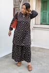 Shop_Prahnaaya_Black Satin, Modal Keyhole Neck Ajrakh Bandhej Print Tunic And Dhoti Skirt Set _at_Aza_Fashions