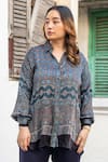 Prahnaaya_Blue Satin, Modal Collared, V-neck Ajrakh Hand-block Print Shirt And Slim Pant Set _at_Aza_Fashions
