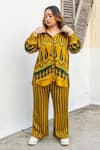 Buy_Prahnaaya_Yellow Satin, Modal Collared, Ajrakh Hand-block Printed Hi-low Shirt And Pant Set _Online_at_Aza_Fashions