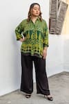 Buy_Prahnaaya_Green Satin, Modal Collared, V-neck Ajrakh Print Shirt And Pant Set _at_Aza_Fashions
