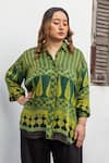 Buy_Prahnaaya_Green Satin, Modal Collared, V-neck Ajrakh Print Shirt And Pant Set _Online_at_Aza_Fashions