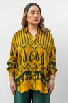 Buy_Prahnaaya_Yellow Satin, Modal Collared, Ajrakh Motif Hand-blocked Hi-low Shirt And Pant Set _Online_at_Aza_Fashions