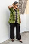 Buy_Prahnaaya_Green Satin, Modal Collared Ajrakh Floral Motif Hand-blocked Shirt And Pant Set _Online_at_Aza_Fashions