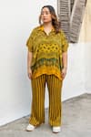 Buy_Prahnaaya_Yellow Satin, Modal V-neck, Collared Ajrakh Hand-blocked Shirt And Stripe Pant Set _at_Aza_Fashions