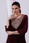 Preeti Mehta_Wine Tissue, Satin Embroidery, Beads, Stones, Metallic Red Kurta Dhoti Skirt Set _at_Aza_Fashions