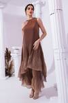 Shop_Preeti Mehta_Brown Tissue, Satin Beads, Stones High Neck, Round Metallic Chestnut Kurta Set _Online_at_Aza_Fashions
