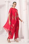 Shop_Preeti Mehta_Pink Chiffon, Lurex Embroidery, Wildflower Muse Cherry Red Kaftan And Pant Set _Online_at_Aza_Fashions