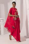 Shop_Preeti Mehta_Pink Chiffon, Lurex, Wildflower Muse Cherry Red Kaftan And Dhoti Skirt Set _Online_at_Aza_Fashions