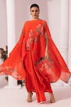Buy_Preeti Mehta_Orange Chiffon, Lurex, Viscose, Wildflower Muse Red Kaftan And Dhoti Skirt Set _at_Aza_Fashions