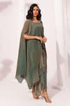 Shop_Preeti Mehta_Green Satin, Tissue Beads, Rhinestones Metallic Moss Kaftan And Dhoti Skirt Set _Online_at_Aza_Fashions