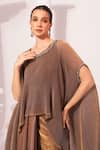 Shop_Preeti Mehta_Brown Tissue, Satin Beads, Stones Metallic Chestnut Kaftan And Dhoti Skirt Set _Online_at_Aza_Fashions
