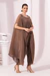 Preeti Mehta_Brown Tissue, Satin Stones, Embroidery Round Metallic Chestnut Kaftan And Pant Set _Online_at_Aza_Fashions