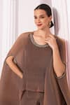 Shop_Preeti Mehta_Brown Tissue, Satin Stones, Embroidery Round Metallic Chestnut Kaftan And Pant Set _Online_at_Aza_Fashions