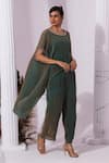 Buy_Preeti Mehta_Green Satin, Tissue Stones, Embroidery Round Metallic Moss Kaftan And Pant Set _Online_at_Aza_Fashions