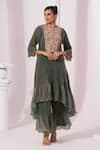 Buy_Preeti Mehta_Green Tissue, Satin Embroidery Round Neck Metallic Moss Kurta Set _at_Aza_Fashions