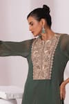 Preeti Mehta_Green Tissue, Satin Embroidery Round Neck Metallic Moss Kurta Set _Online_at_Aza_Fashions