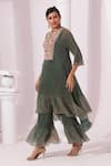 Buy_Preeti Mehta_Green Tissue, Satin Embroidery Round Neck Metallic Moss Kurta Set _Online_at_Aza_Fashions
