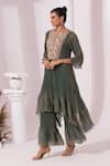 Shop_Preeti Mehta_Green Tissue, Satin Embroidery Round Neck Metallic Moss Kurta Set _Online_at_Aza_Fashions