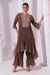 Buy_Preeti Mehta_Brown Tissue, Satin Embroidery, Sequins Round Neck Metallic Chestnut Kurta Set _at_Aza_Fashions