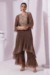 Preeti Mehta_Brown Tissue, Satin Embroidery, Sequins Round Neck Metallic Chestnut Kurta Set _Online_at_Aza_Fashions