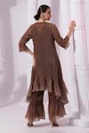 Shop_Preeti Mehta_Brown Tissue, Satin Embroidery, Sequins Round Neck Metallic Chestnut Kurta Set _at_Aza_Fashions