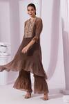 Buy_Preeti Mehta_Brown Tissue, Satin Embroidery, Sequins Round Neck Metallic Chestnut Kurta Set _Online_at_Aza_Fashions