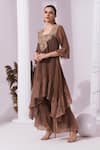 Preeti Mehta_Brown Tissue, Satin Embroidery, Beads, Metallic Chestnut Kurta With Sharara _Online_at_Aza_Fashions