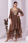 Buy_Preeti Mehta_Brown Tissue, Satin Embroidery, Beads, Metallic Chestnut Kurta With Sharara _at_Aza_Fashions