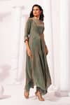 Preeti Mehta_Green Tissue, Satin Beads, Stones Boat Metallic Moss Draped Kurta And Pant Set _Online_at_Aza_Fashions