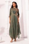 Buy_Preeti Mehta_Green Tissue, Satin Beads, Stones Boat Metallic Moss Draped Kurta And Pant Set _at_Aza_Fashions