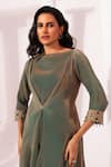 Shop_Preeti Mehta_Green Tissue, Satin Beads, Stones Boat Metallic Moss Draped Kurta And Pant Set _Online_at_Aza_Fashions