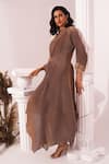 Preeti Mehta_Brown Tissue, Satin Embroidery, Beads, Metallic Chestnut Draped Kurta And Pant Set _Online_at_Aza_Fashions
